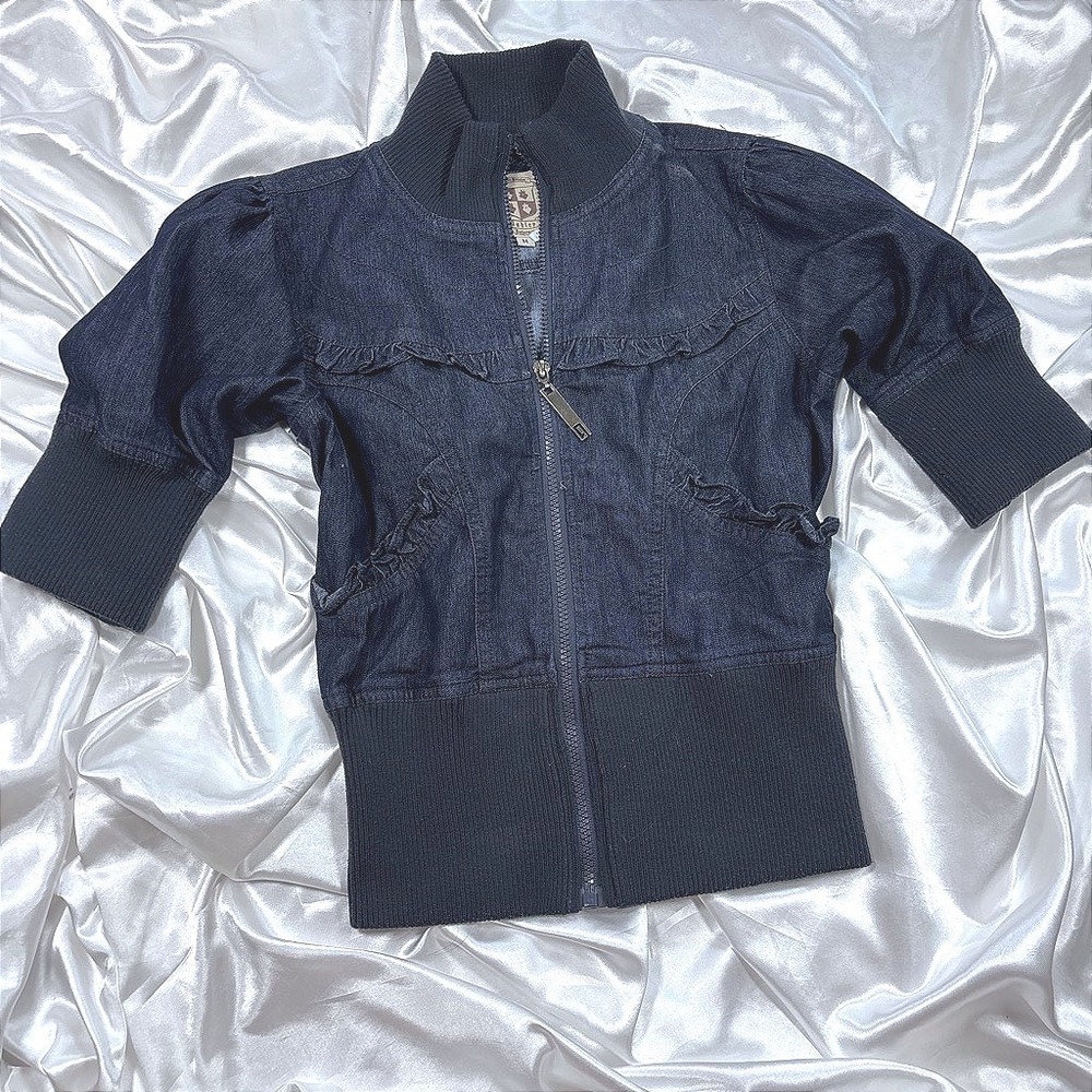 y2k Bomber Jacket Blue Excellent Ruffle Puff Sleeve Denim Zip Up Mock Neck